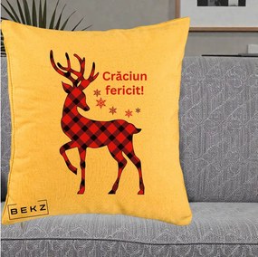 Perna Decorativa Ren Tartan Craciun Fericit, 40x40 cm, Galben, Husa Detasabila, Perna Inclusa, BEKZ®