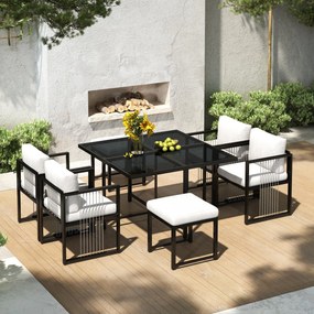 Set de grădină 7 piese pentru 6 persoane, masă din sticlă securizată, 4 scaune împletite și 2 taburete pentru picioare, Negru+Alb