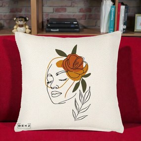 Perna Decorativa Portret Feminin Trandafir Ruginiu, 40x40 cm, Crem Reliefat, Husa Detasabila, Perna Inclusa, BEKZ®
