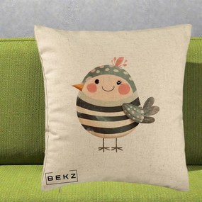 Perna Decorativa Pui Kawaii Teal cu Flori, 40x40 cm, Bej, Husa Detasabila, Perna Inclusa, BEKZ®