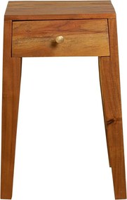 Noptieră din lemn de acacia, maro, cu 1 sertar, buton auriu și picioare conice înclinate, 51 x 34,5 x 34,5 cm, „Monti”