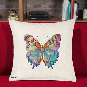 Perna Decorativa Fluture Acuarela Multicolor Portocaliu-Bleu-Mov, 40x40 cm, Crem Reliefat, Husa Detasabila, Perna Inclusa, BEKZ®