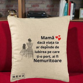 Cadou pentru Mama - Perna Personalizata Mama Nemuritoare Line Art, 40x40 cm, Bej, Husa Detasabila, Perna Inclusa, BEKZ®