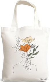 Sacosa de Panza pentru Cumparaturi, Geanta Tote, Flower Lady 3, 38x34.5 cm, Alba, BEKZ®