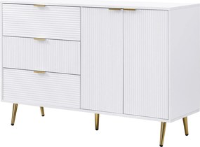 Bufet cu uși și rafturi interioare, sertare, mânere și picioare aurii, 120x38x80,5 cm, Alb