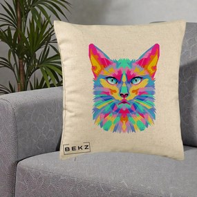 Perna Decorativa Pisica Pop Art Multicolor, 40x40 cm, Bej, Husa Detasabila, Perna Inclusa, BEKZ®
