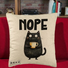 Perna Decorativa NOPE Pisica Neagra Cafea, 40x40 cm, Bej, Husa Detasabila, Perna Inclusa, BEKZ®