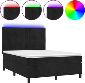 vidaXL Pat cu arcuri, saltea și LED, negru, 140x190 cm, catifea