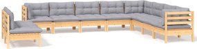 vidaXL Set mobilier grădină cu perne, 10 piese, gri, lemn masiv pin