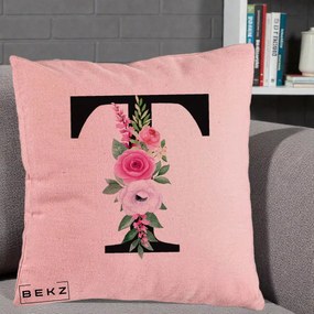 Cadou Personalizat - Perna Personalizata Monograma Florala Litera T, 40x40 cm, Roz, Husa Detasabila, Perna Inclusa, BEKZ®