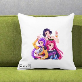Perna Personalizata K-pop HUNTRX Trio Animat Fete Foto, 40x40 cm, Alba Mata, Husa Detasabila, Perna Inclusa, BEKZ®