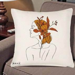 Perna Decorativa Portret Feminin Crin Ruginiu Auriu, 40x40 cm, Crem Reliefat, Husa Detasabila, Perna Inclusa, BEKZ®