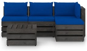 Set mobilier de gradina cu perne, 5 piese, gri, lemn tratat albastru si gri, 5