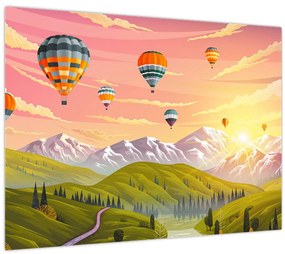 Tablou pe sticlă - Baloane deasupra unui peisaj (70x50 cm)