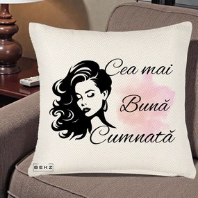 Cadou pentru Cumnata - Perna Personalizata Cea mai Buna Cumnata cu Silueta Dama si Pete Roz, 40x40 cm, Crem Reliefat, Husa Detasabila, Perna Inclusa, BEKZ®