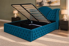 Pat tapițat Chesterfield din catifea Velora Deluxe Classic 160×200 cm, turcoaz, cu ladă de depozitare
