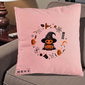 Perna Decorativa Halloween Dovleac Vrajitor Boo cu Simboluri, 40x40 cm, Roz, Husa Detasabila, Perna Inclusa, BEKZ®