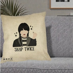 Perna Personalizata Wednesday Snap Twice, 40x40 cm, Crem, Husa Detasabila, Perna Inclusa, BEKZ®