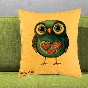 Perna Decorativa Bufnita Teal cu Doua Inimi, 40x40 cm, Galben, Husa Detasabila, Perna Inclusa, BEKZ®