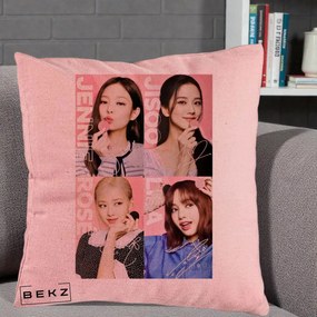 Perna Personalizata K-pop BLACKPINK Colaj 4 Portrete cu Semnature, 40x40 cm, Roz, Husa Detasabila, Perna Inclusa, BEKZ®