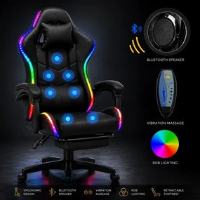 SONICSTRIKE RGB PU– Scaun Gaming cu Masaj în 7 Puncte, Boxe Bluetooth Integrate, Sistem iluminare banda LED RGB, Suport Extensibil pentru Picioare, Piele PU, Negru