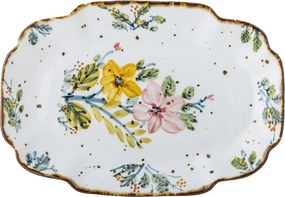 Platou de servire din ceramică artizanală albă cu motive florale roz pictate manual și margine aurie, 31×21×3 cm, "Savina"
