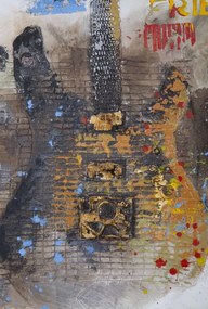 Tablou decorativ multicolor din lemn de pin si panza, 120 x 3,5 x 90 cm, Guitars B Mauro Ferreti