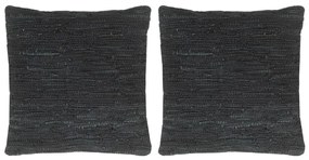 vidaXL Perne chindi, 2 buc., negru, 45 x 45 cm, piele și bumbac