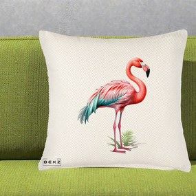 Perna Decorativa Flamingo Roz cu Pene Teal, 40x40 cm, Crem Reliefat, Husa Detasabila, Perna Inclusa, BEKZ®