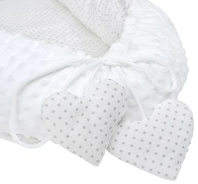 Cuib bebeluși New Baby de lux cu pernă și pătură din Minky Heart, alb