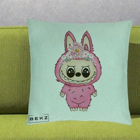 Perna Personalizata Labubu Roz cu Coroana Florala, 40x40 cm, Verde Menta, Husa Detasabila, Perna Inclusa, BEKZ®
