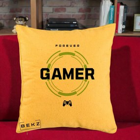 Perna Personalizata Forever Gamer, 40x40 cm, Galben, Husa Detasabila, Perna Inclusa, BEKZ®