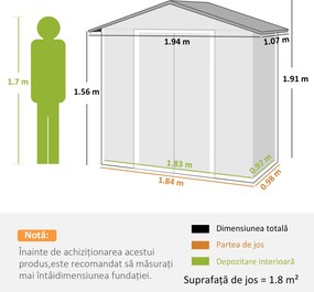 Outsunny Căsuță de Grădină, Magazie pentru Unelte, Oțel, 194x107x191 cm, Gri | Aosom Romania