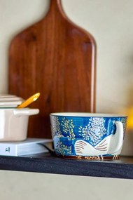 Bol din ceramică albastră cu decor pasăre pictat manual, 13x7 cm, "Hezha"