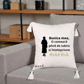 Cadou pentru Bunica - Perna Personalizata Bunica Mea Comoara Iubire Intelepciune Silueta cu Nepoata, 40x40 cm, Bej cu Franjuri, Husa Detasabila, Perna Inclusa, BEKZ®