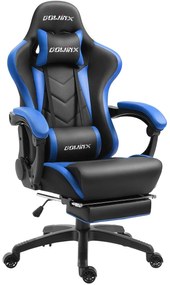 DOWINX Scaun gaming, ergonomic, suport lombar cu masaj, spătar rabatabil, tetieră, suport pentru picioare, rezistent 150 kg, piele PU, Negru/Albastru