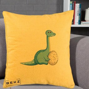 Perna Decorativa Brontosaur cu Ou, 40x40 cm, Galben, Husa Detasabila, Perna Inclusa, BEKZ®