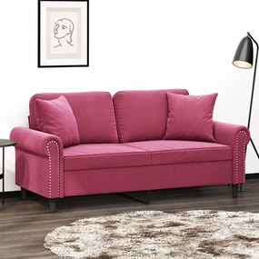 Canapea cu 2 locuri cu pernute, rosu vin, 140 cm, catifea