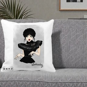 Perna Personalizata Wednesday Addams Portret Gotic, 40x40 cm, Alba Mata, Husa Detasabila, Perna Inclusa, BEKZ®