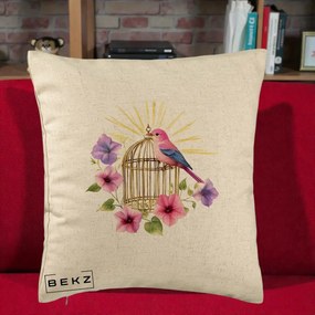 Perna Decorativa Pasare Roz pe Colivie Aurie cu Flori, 40x40 cm, Bej, Husa Detasabila, Perna Inclusa, BEKZ®
