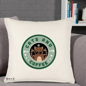 Perna Personalizata Cats and Coffee Starbucks, 40x40 cm, Crem Reliefat, Husa Detasabila, Perna Inclusa, BEKZ®