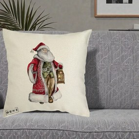 Perna Decorativa Mos Craciun Vintage cu Felinar, 40x40 cm, Ecru, Husa Detasabila, Perna Inclusa, BEKZ®