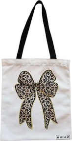 Sacosa de Panza pentru Cumparaturi, Geanta Tote, model Leopard Bow, Cu fermoar, 38x34.5 cm, Alba, BEKZ®