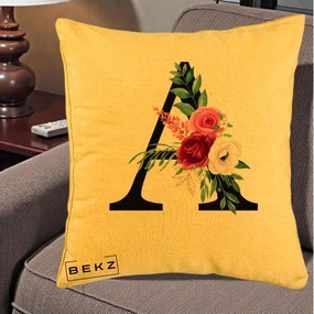 Cadou Personalizat - Perna Personalizata Monograma Florala Litera A, 40x40 cm, Galben, Husa Detasabila, Perna Inclusa, BEKZ®