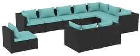 Set mobilier de gradina cu perne, 10 piese, negru, poliratan Negru si albastru, 5x colt + 5x mijloc, 1