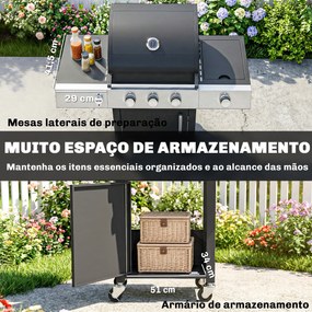 Outsunny Grătar pe Gaz, 3 Arzătoare, Arzător Lateral, Grătare din Fontă, Rafturi Laterale Incluse. | Aosom Romania