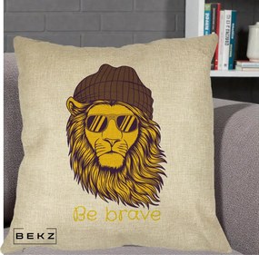Perna Decorativa Leu Hipster Be Brave, 40x40 cm, Crem, Husa Detasabila, Perna Inclusa, BEKZ®