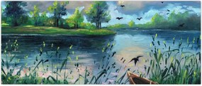 Tablou- Pictură în ulei, seară de vară lângă lac (120x50 cm)
