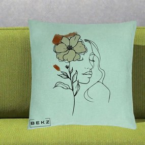 Perna Decorativa Portret Feminin Floare Bej Terracotta, 40x40 cm, Verde Menta, Husa Detasabila, Perna Inclusa, BEKZ®