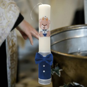 Lumanare botez Ursulet decorata cu catifea albastra 5,5 cm, 35 cm